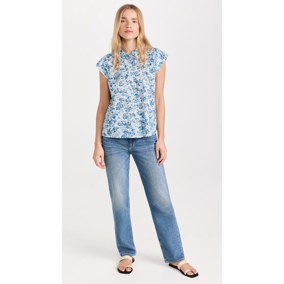 THE GREAT. The Wren Blue Floral Cotton Cap Sleeve Button Down Top size 0 or XS - Picture 9 of 14